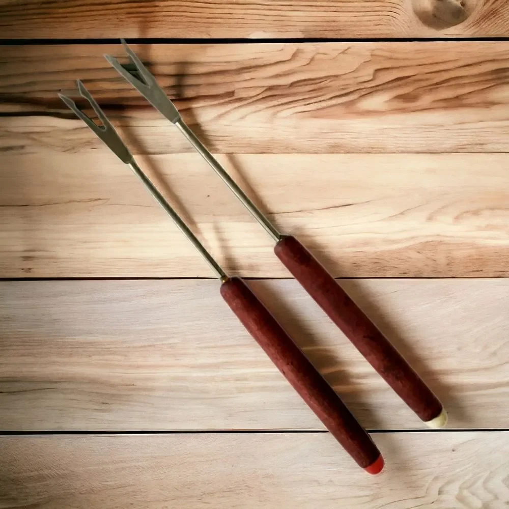 2 Teak Fondue Forks Skewers Picks Appetizer Cocktail Seafood‎ Stainless Steel